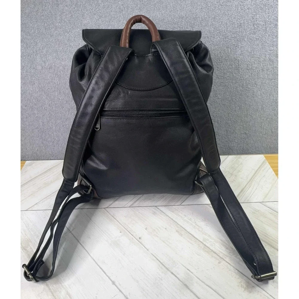 BREE Germany Leather Backpack Purse Black Brown Two Tone Drawstring Flap Bag VTG